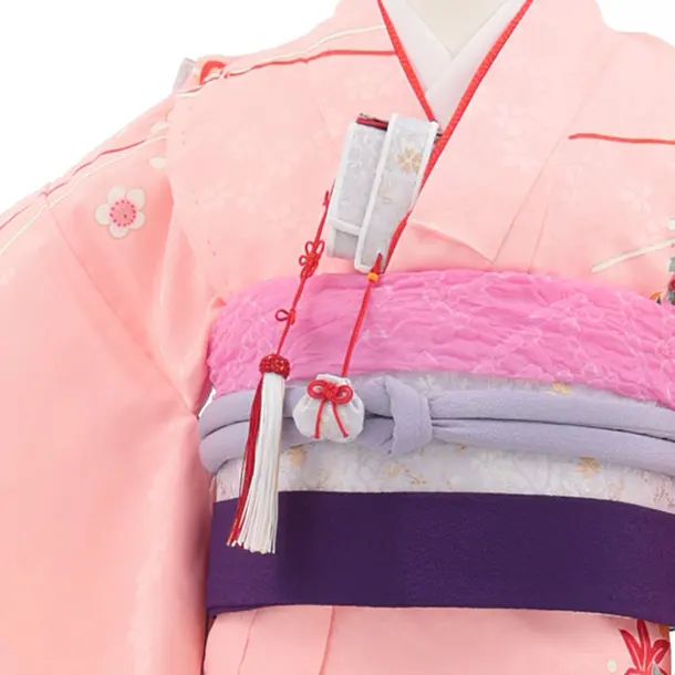 七五三(7歳結び帯)Y693 ピンク地  御所車に鈴花