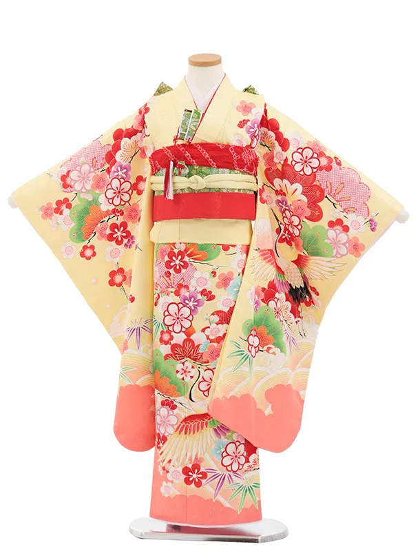 七五三(7歳結び帯)Y694 黄色裾ピンク鶴に吉祥文様