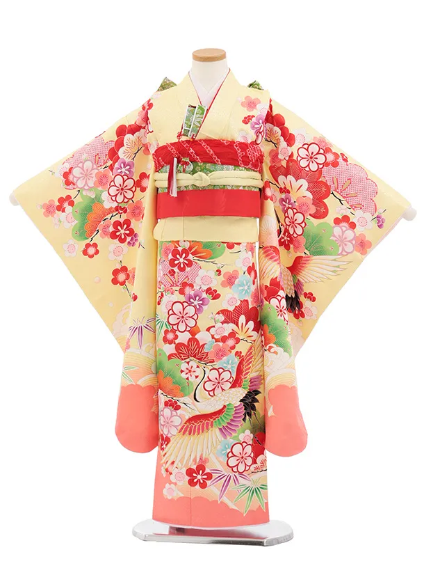 七五三(7歳結び帯)Y694 黄色裾ピンク鶴に吉祥文様