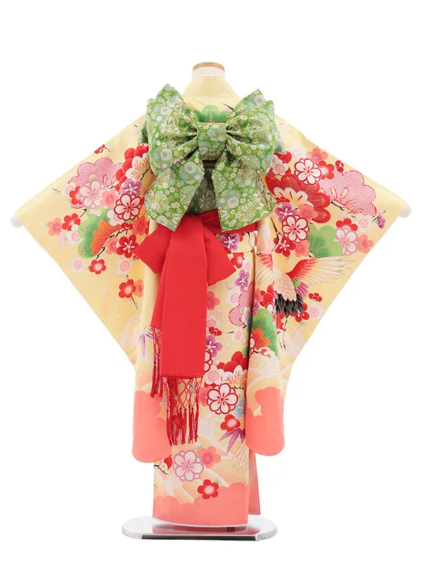 七五三(7歳結び帯)Y694 黄色裾ピンク鶴に吉祥文様