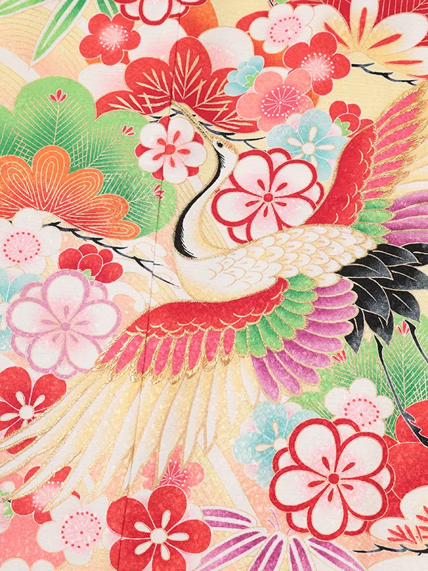 七五三(7歳結び帯)Y694 黄色裾ピンク鶴に吉祥文様