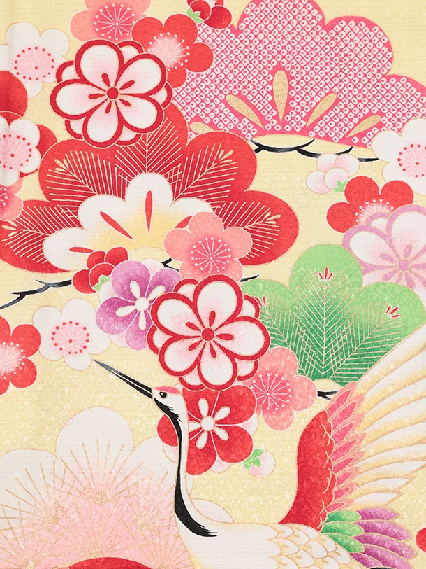 七五三(7歳結び帯)Y694 黄色裾ピンク鶴に吉祥文様