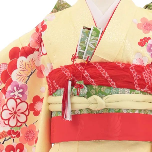 七五三(7歳結び帯)Y694 黄色裾ピンク鶴に吉祥文様