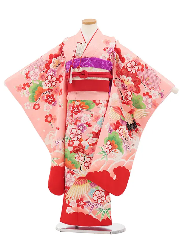 七五三(7歳結び帯)Y696 ピンク裾赤 鶴に吉祥文様