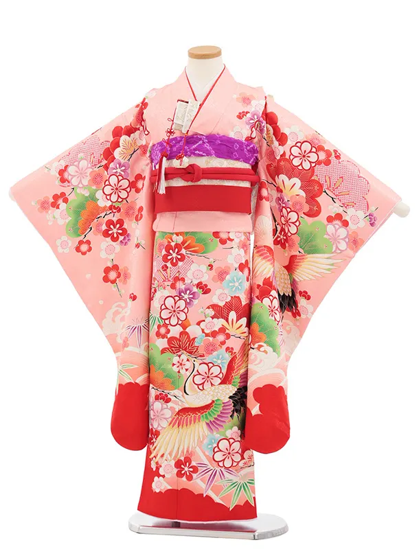 七五三(7歳結び帯)Y696 ピンク裾赤 鶴に吉祥文様