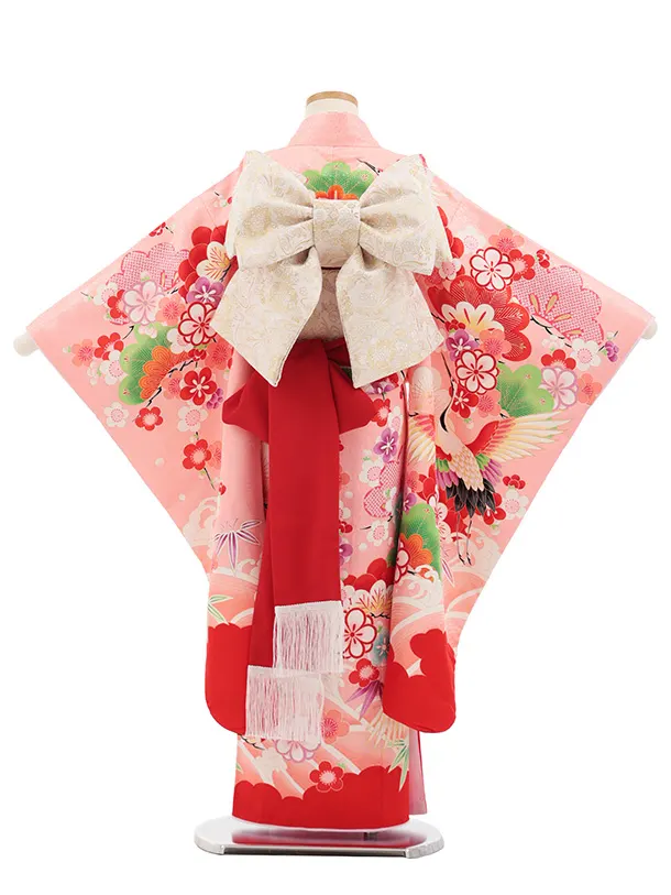 七五三(7歳結び帯)Y696 ピンク裾赤 鶴に吉祥文様