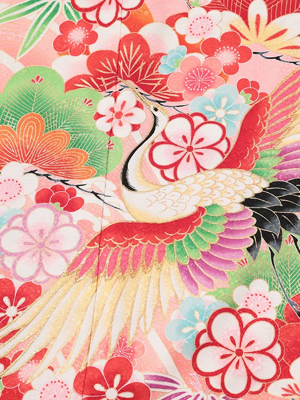 七五三(7歳結び帯)Y696 ピンク裾赤 鶴に吉祥文様