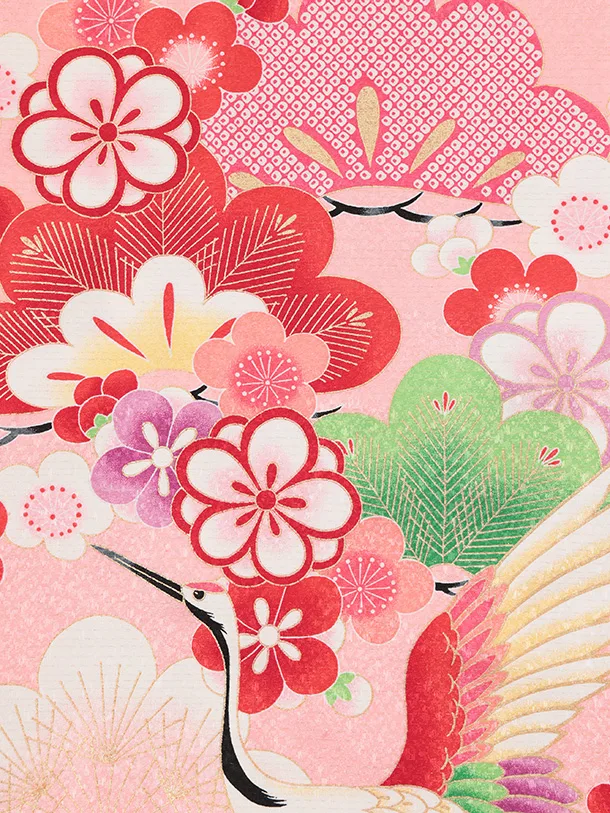 七五三(7歳結び帯)Y696 ピンク裾赤 鶴に吉祥文様