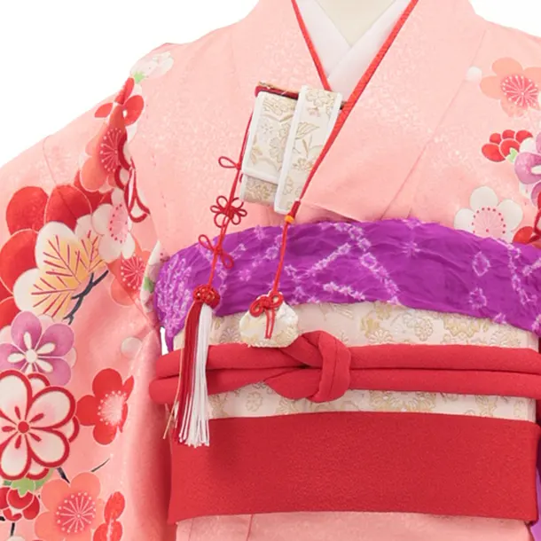 七五三(7歳結び帯)Y696 ピンク裾赤 鶴に吉祥文様