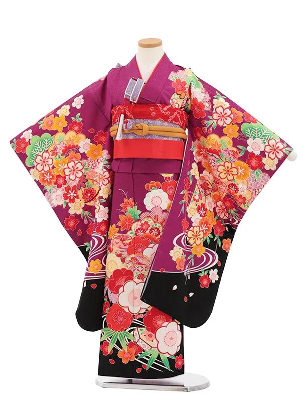 七五三(7歳結び帯)Y697 パープル裾黒 梅に貝桶