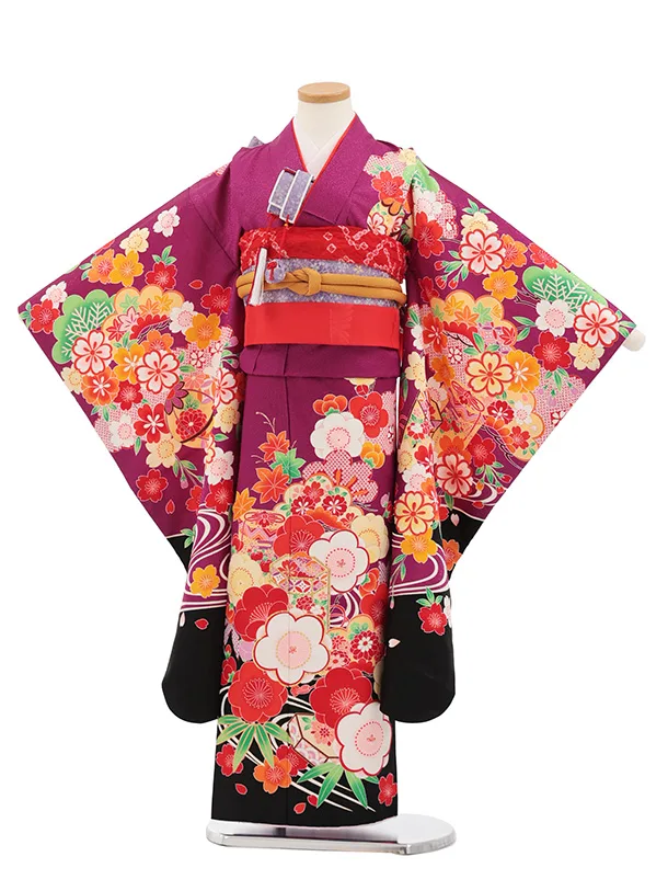 七五三(7歳結び帯)Y697 パープル裾黒 梅に貝桶