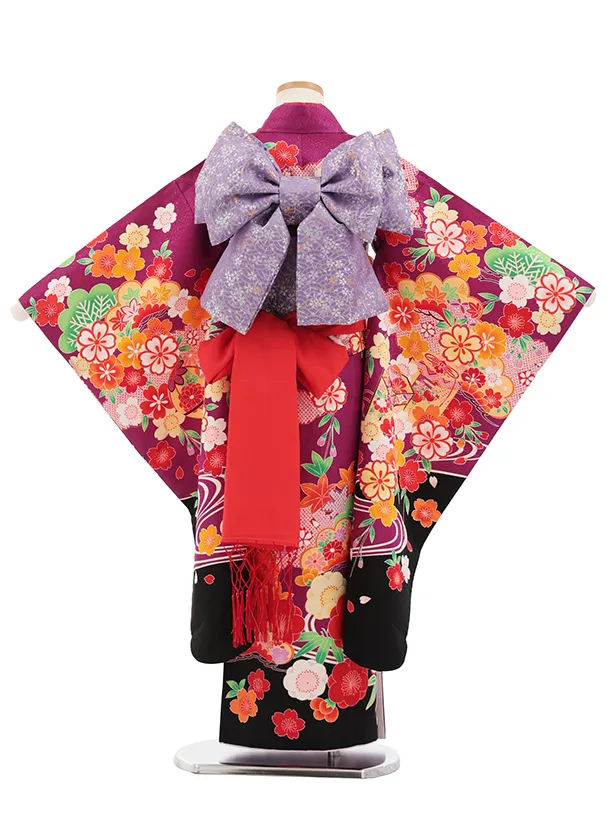 七五三(7歳結び帯)Y697 パープル裾黒 梅に貝桶