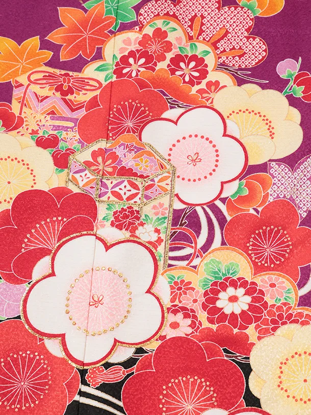 七五三(7歳結び帯)Y697 パープル裾黒 梅に貝桶