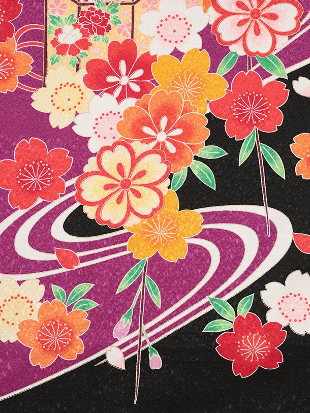 七五三(7歳結び帯)Y697 パープル裾黒 梅に貝桶