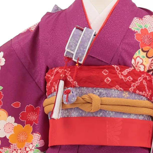 七五三(7歳結び帯)Y697 パープル裾黒 梅に貝桶