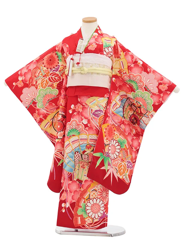 七五三(7歳結び帯)Y698 赤地 梅に檜扇御所車