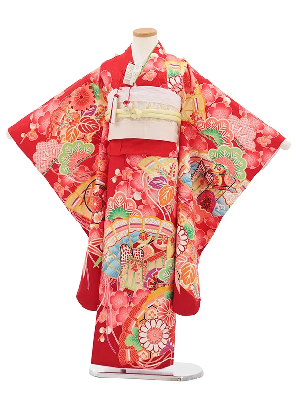 七五三(7歳結び帯)Y698 赤地 梅に檜扇御所車