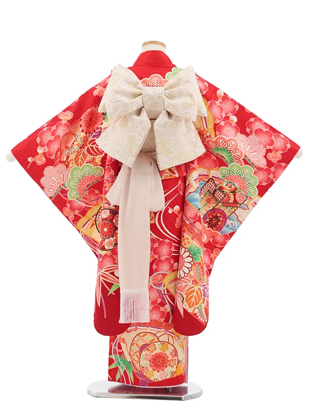七五三(7歳結び帯)Y698 赤地 梅に檜扇御所車