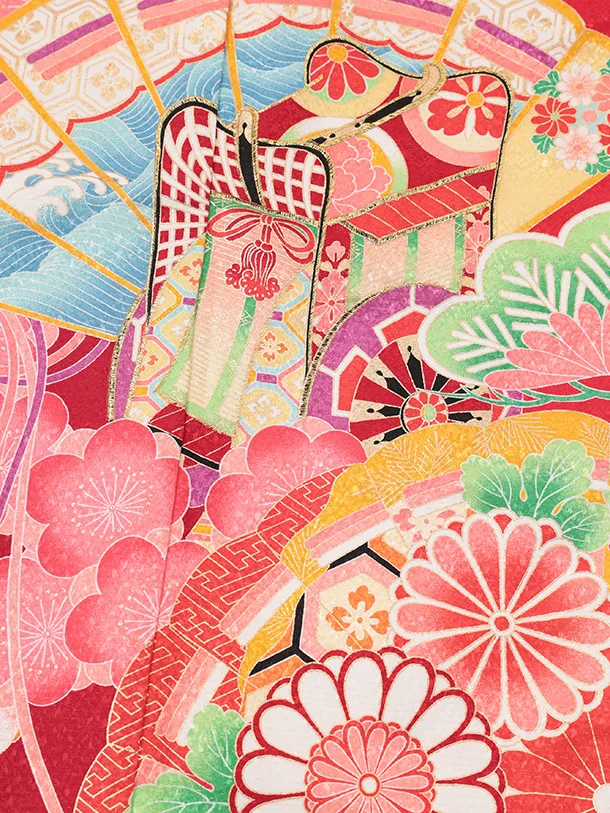 七五三(7歳結び帯)Y698 赤地 梅に檜扇御所車