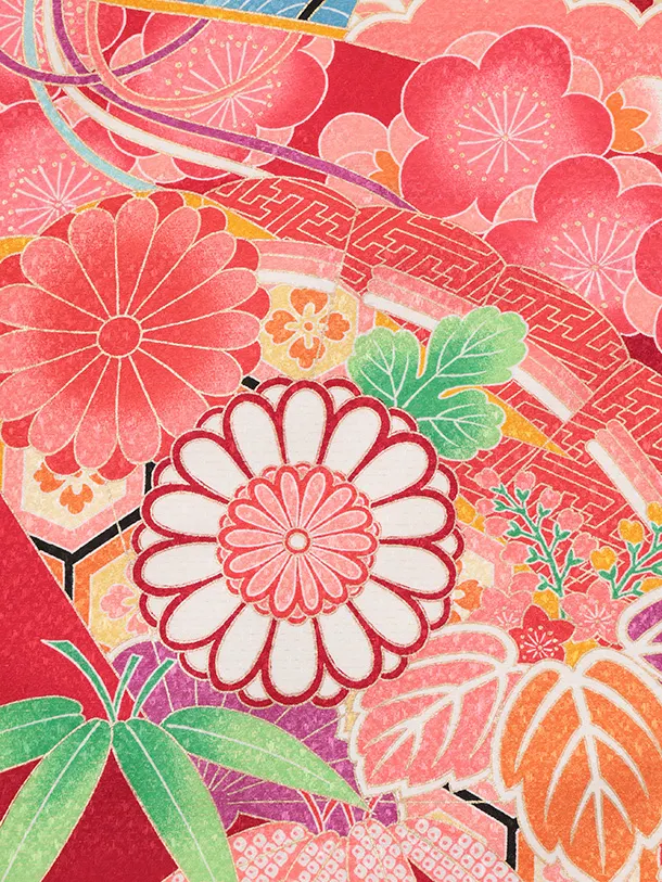 七五三(7歳結び帯)Y698 赤地 梅に檜扇御所車