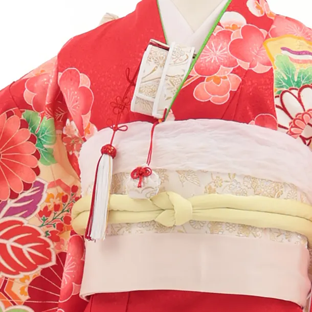 七五三(7歳結び帯)Y698 赤地 梅に檜扇御所車