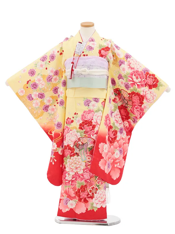 七五三(7歳結び帯)Y699 黄色裾ピンク ぼたんに雪輪