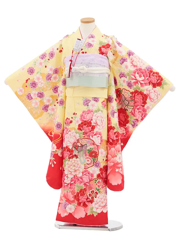 七五三(7歳結び帯)Y699 黄色裾ピンク ぼたんに雪輪