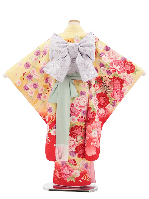 七五三(7歳結び帯)Y699 黄色裾ピンク ぼたんに雪輪