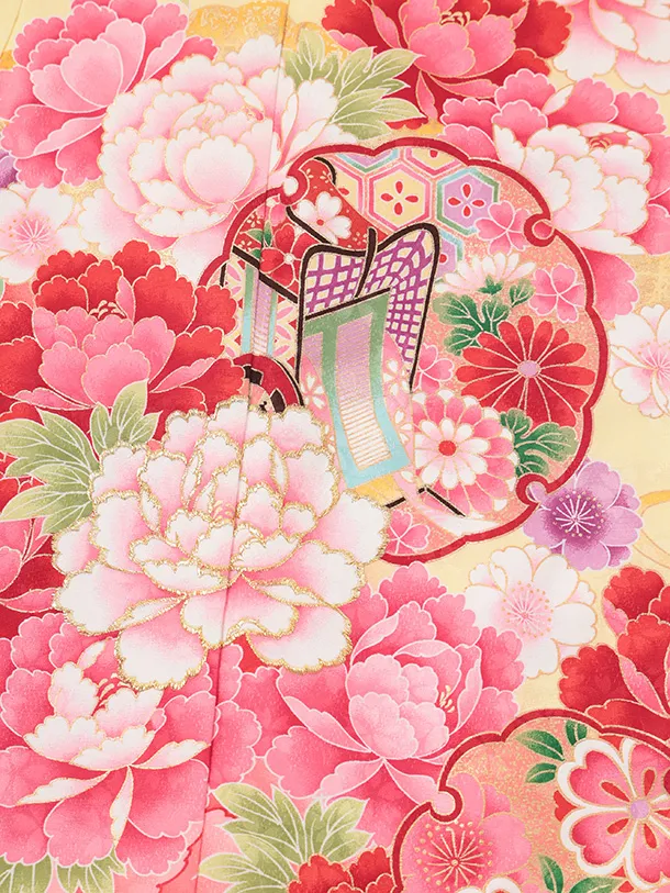 七五三(7歳結び帯)Y699 黄色裾ピンク ぼたんに雪輪