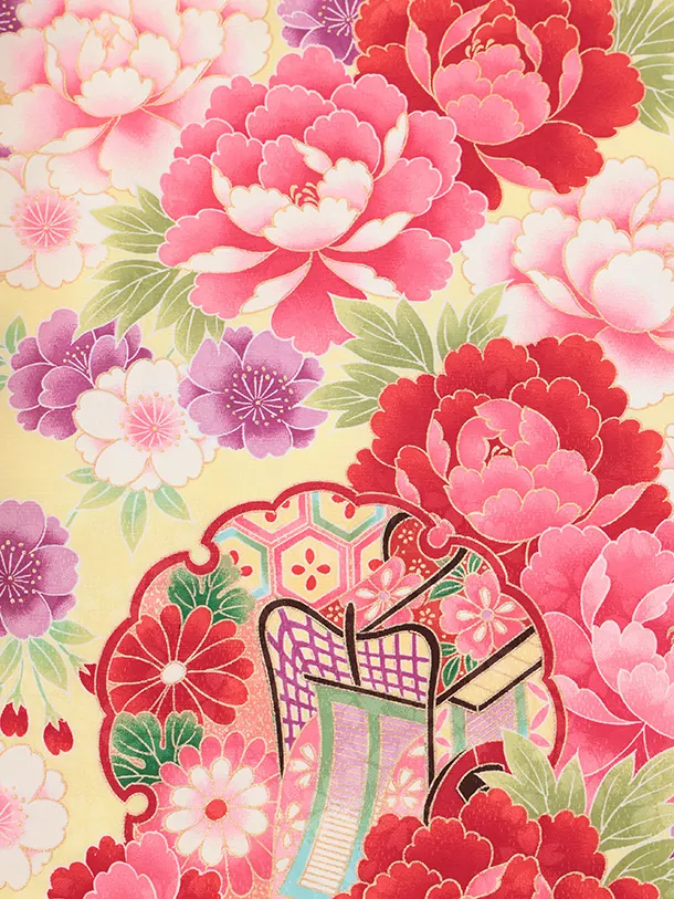 七五三(7歳結び帯)Y699 黄色裾ピンク ぼたんに雪輪