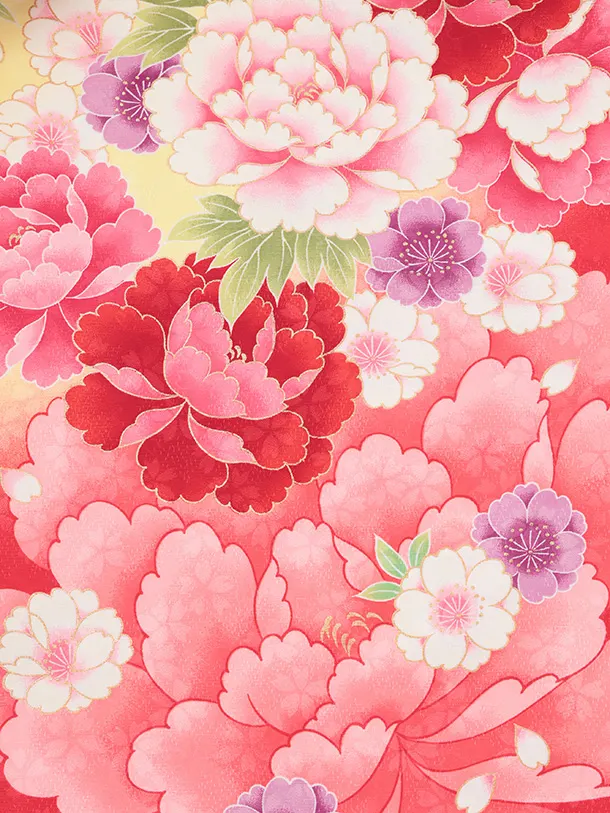 七五三(7歳結び帯)Y699 黄色裾ピンク ぼたんに雪輪