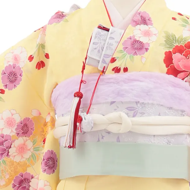 七五三(7歳結び帯)Y699 黄色裾ピンク ぼたんに雪輪