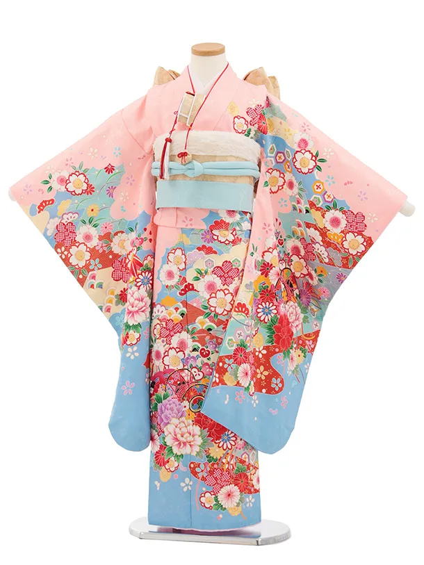 七五三(7歳結び帯)Y700 ピンク裾水色 鼓に花