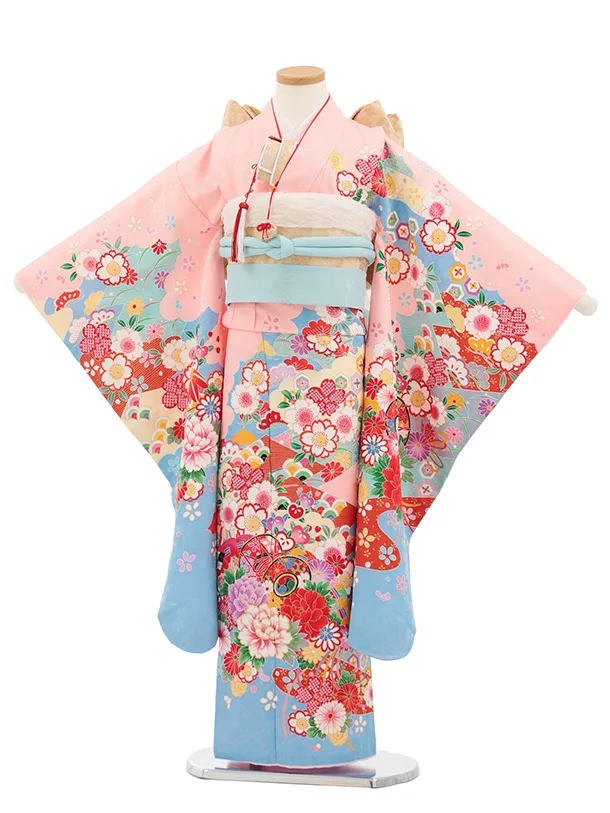 七五三(7歳結び帯)Y700 ピンク裾水色 鼓に花