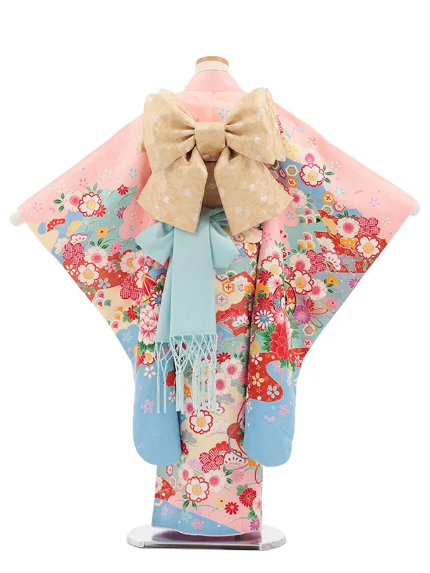 七五三(7歳結び帯)Y700 ピンク裾水色 鼓に花