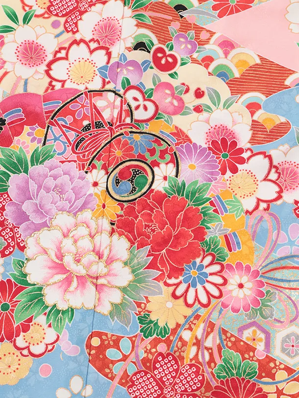 七五三(7歳結び帯)Y700 ピンク裾水色 鼓に花