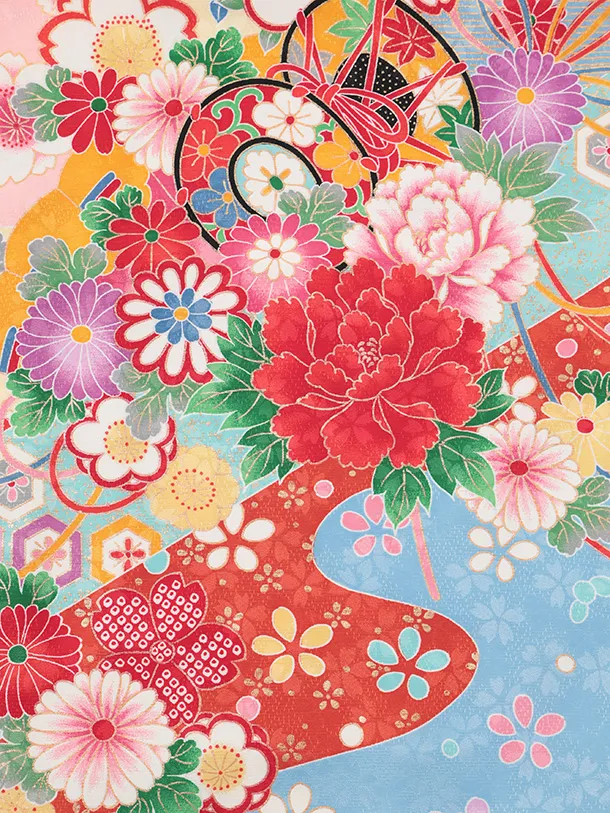 七五三(7歳結び帯)Y700 ピンク裾水色 鼓に花