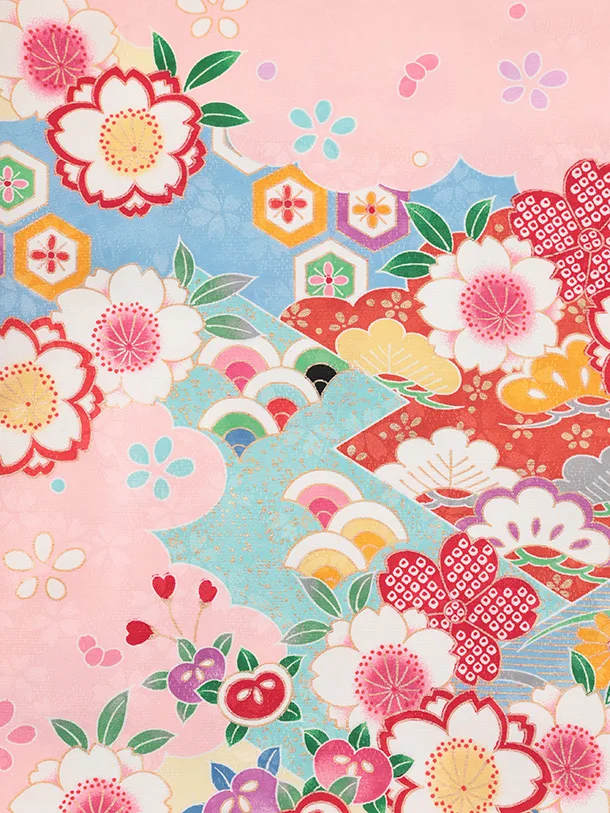 七五三(7歳結び帯)Y700 ピンク裾水色 鼓に花