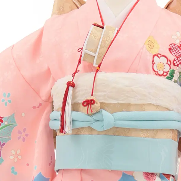 七五三(7歳結び帯)Y700 ピンク裾水色 鼓に花