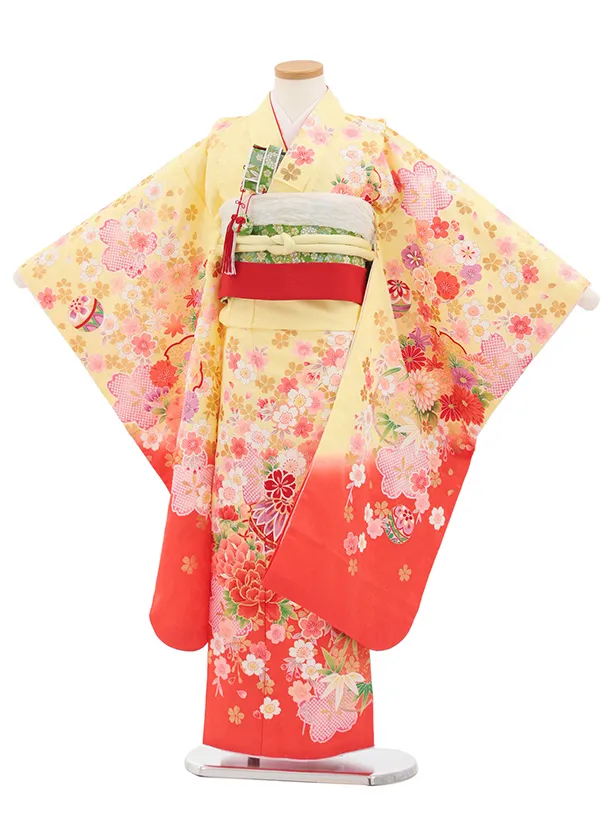 七五三(7歳結び帯)Y701 黄色裾朱赤 鼓に花