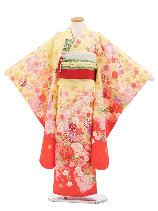 七五三(7歳結び帯)Y701 黄色裾朱赤 鼓に花