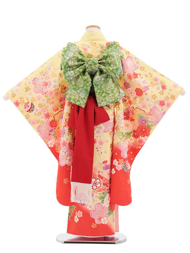 七五三(7歳結び帯)Y701 黄色裾朱赤 鼓に花