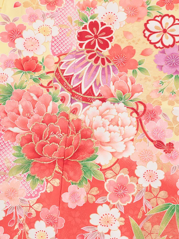 七五三(7歳結び帯)Y701 黄色裾朱赤 鼓に花