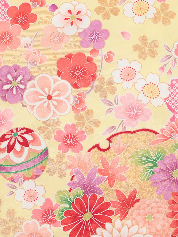 七五三(7歳結び帯)Y701 黄色裾朱赤 鼓に花