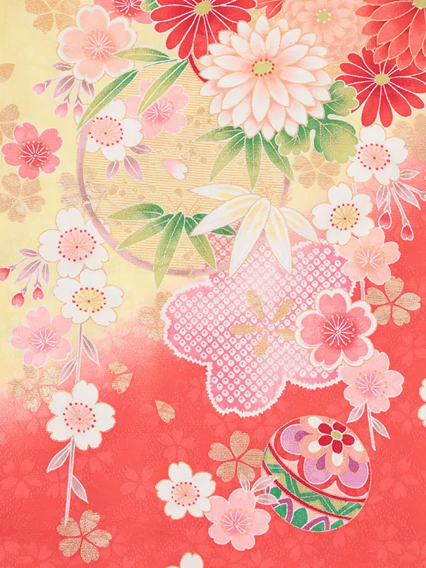 七五三(7歳結び帯)Y701 黄色裾朱赤 鼓に花