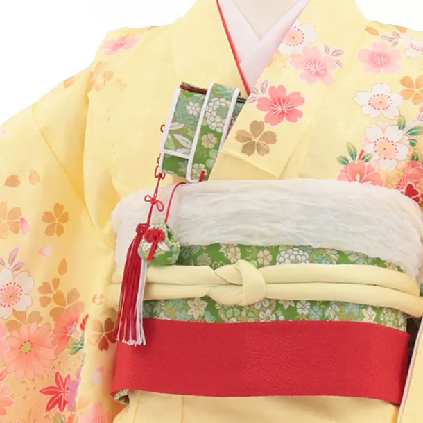 七五三(7歳結び帯)Y701 黄色裾朱赤 鼓に花