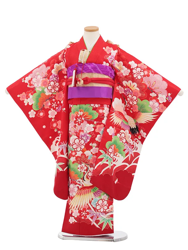 七五三(7歳結び帯)Y702 赤地 鶴に吉祥文様