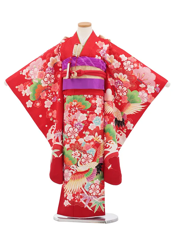 七五三(7歳結び帯)Y702 赤地 鶴に吉祥文様