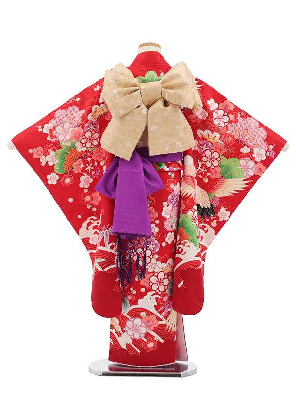 七五三(7歳結び帯)Y702 赤地 鶴に吉祥文様