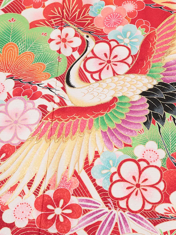 七五三(7歳結び帯)Y702 赤地 鶴に吉祥文様